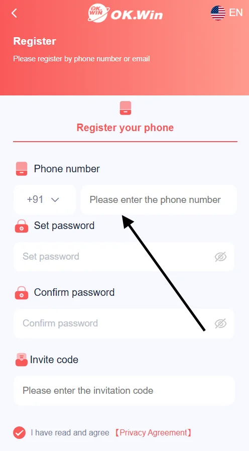 Enter your mobile number for registration